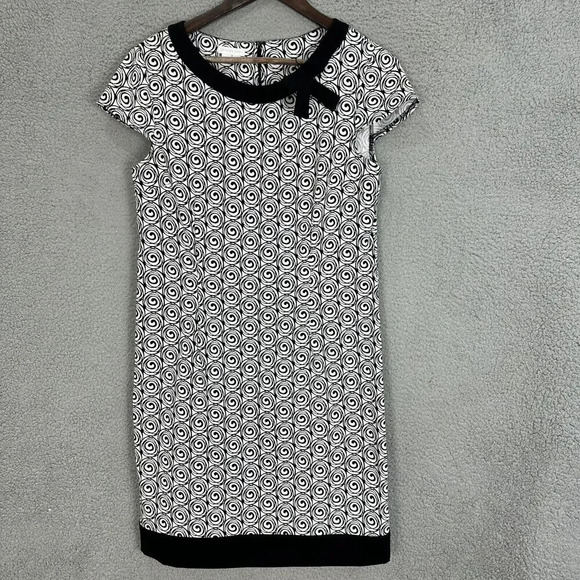 London Times Sheath Dress Womens 10 Black Geometric Bow Boho Twee Retro‎ Preppy - Picture 1 of 6